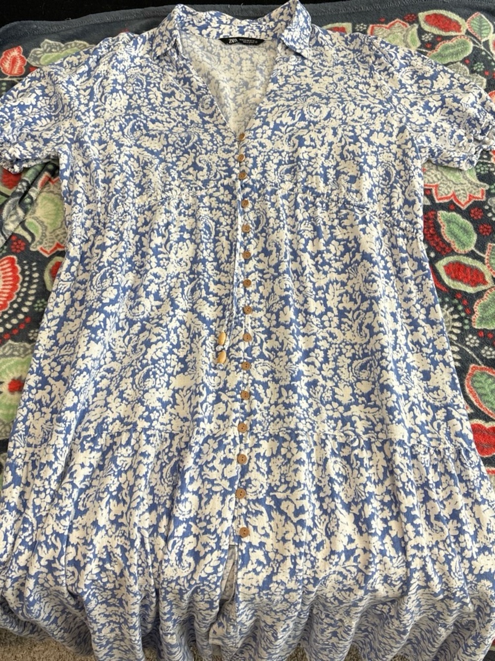 Zara Blue and White Floral Print Button Top